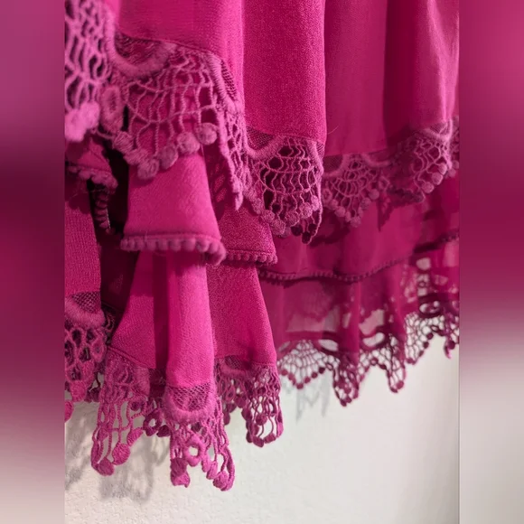 Free People Berry Fuchsia Crochet Lace Mini Dress Layered Hem Swing Dress 10 - Picture 6 of 15